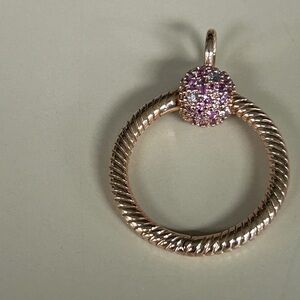 Pandora Rose Gold Rope Circle Pendant with Purple Pavé Accent